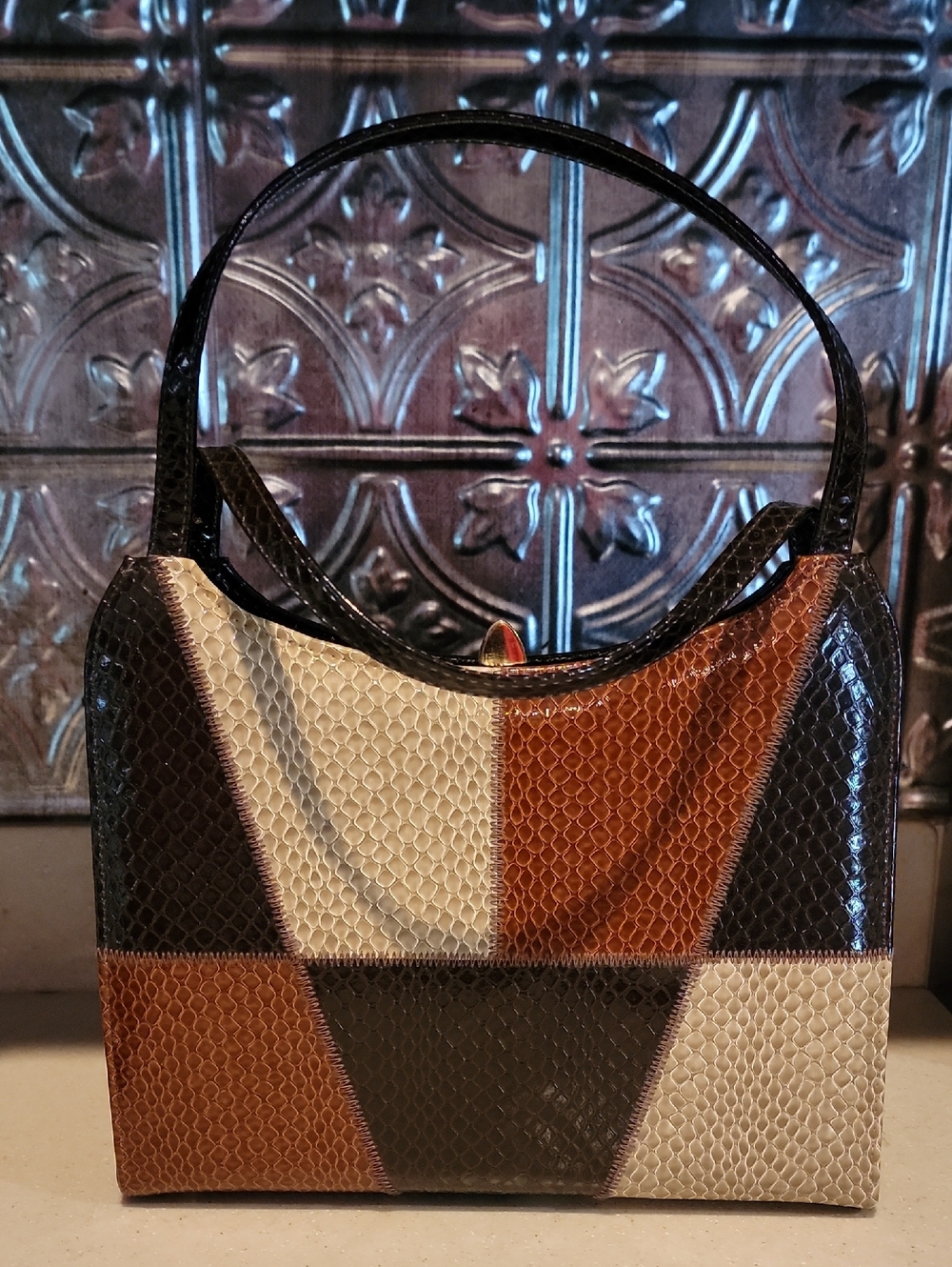 Patchwork Textured Shoulder Bag in Brown, Black & Cream